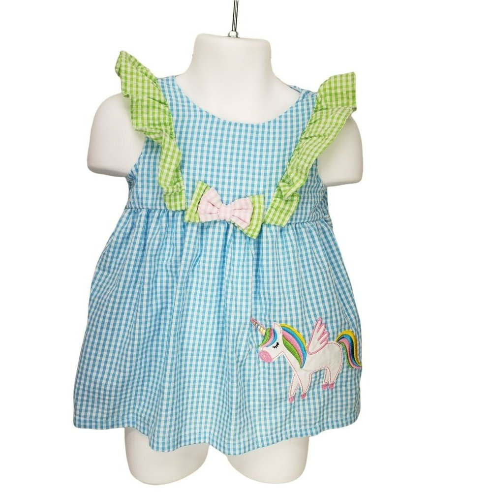 Rare Editions 6-9 months Gingham Blue Green Unicorn Dress